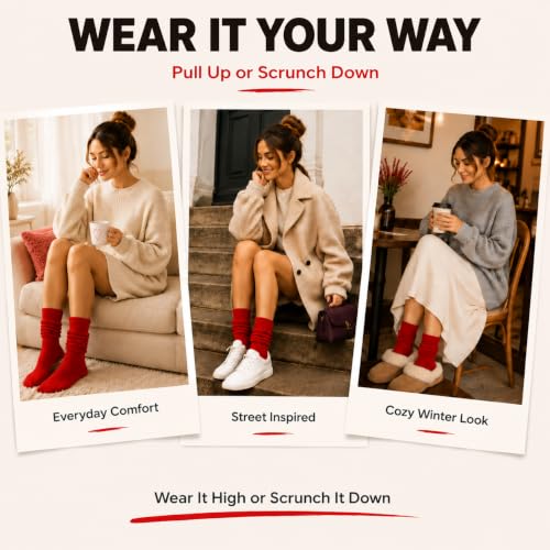 Cozy Slouch Socks for Women - 80s Style in Red, Medium/Thick
