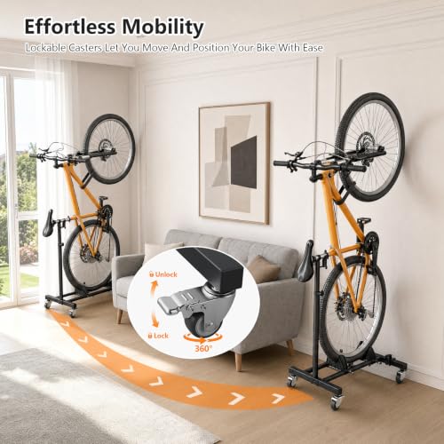 Black 1 Pack Vertical Bike Stand with Wheels, Adjustable Indoor Bicycle Storage Rack for Road, MTB & Hybrid Bikes up to 29"