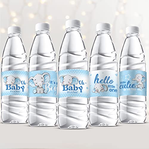 Elephant Baby Shower Water Bottle Labels - 39 Pcs Waterproof Wrappers - Blue
