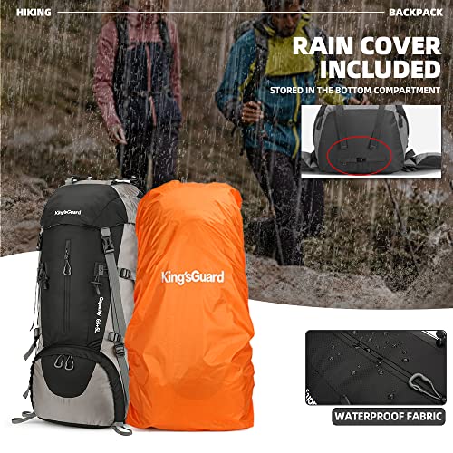 King'sGuard 70L Hiking Backpack with Rain Cover - Black, Lightweight Waterproof Large Capacity