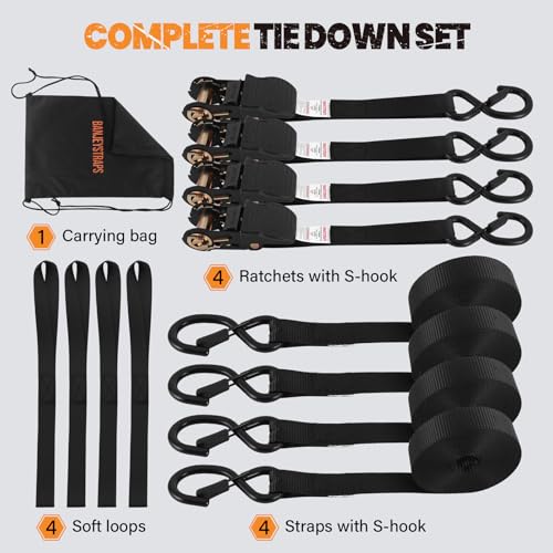 Black 20FT Heavy Duty Ratchet Straps 4-Pack - Industrial Tie Downs for Flatbed & Equipment
