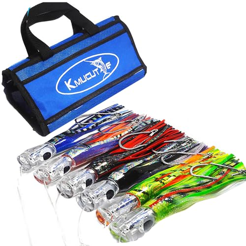 kmucutie 9 Inch Saltwater Trolling Lure Set — 6 Pcs with Portable Handle Bag, Deep Sea Marlin/Tuna Baits