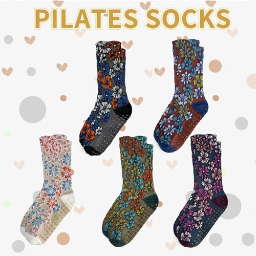 Non-Slip Pilates Grip Ankle Socks - Floral Embroidered Yoga Set - Purple/Green/Blue