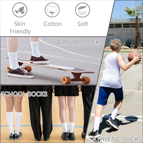 Kids Crew Socks 6 Pairs | Cushioned Athletic & Dress Socks for Boys & Girls, White, Large