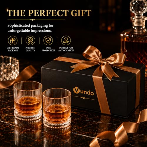 Vintage Whiskey Glasses Set of 4 12 oz Crystal with Luxury Gift Box - VUNDO