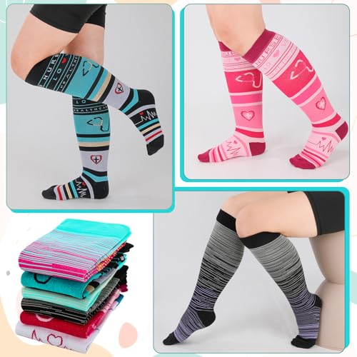 Jspupifip Plus Size Wide Calf Compression Socks 6 Pairs - Black White Blue Rose Red XX-Large