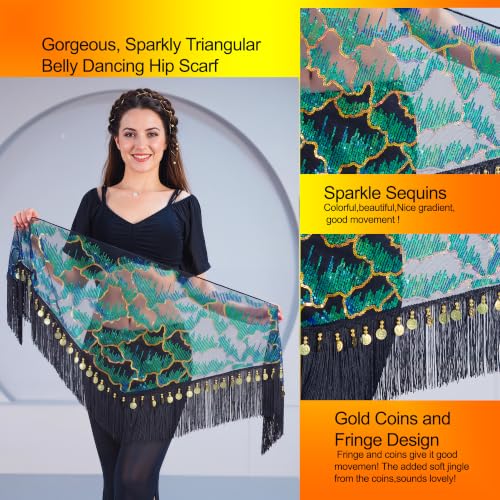 Green One Size Sequin Peacock Belly Dance Hip Scarf Wrap for Women