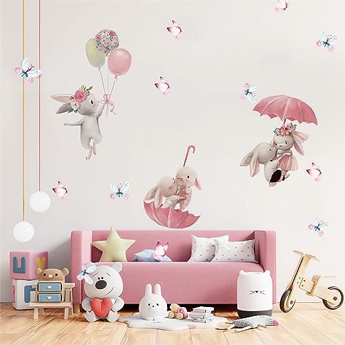 Cute Pink Bunny Butterfly Wall Stickers, sacinora Cartoon Little Rabbit Animal DIY Wall Decals Removable Vinyl Peel and Stick for Girl Kids Nursery Living Room Bedroom Children's Room Art Decorations
