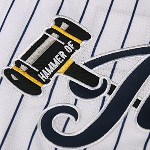 Men's Medium White 99 Baseball Jersey with Embroidered Patches & Navy Stripes