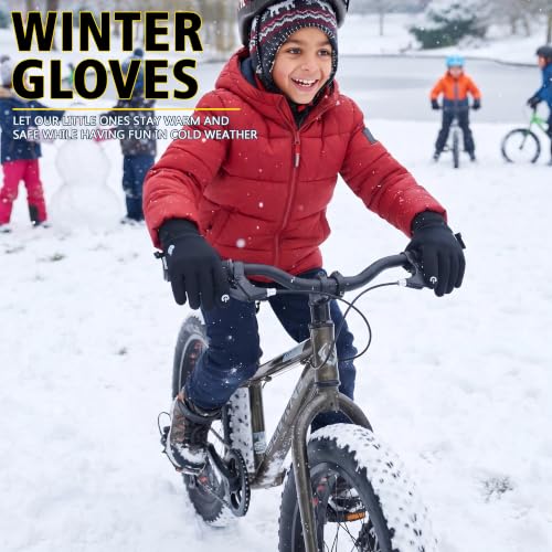 Kids Thermal Cycling Gloves - Windproof Touchscreen Mitts, L (9-10 Years) Black
