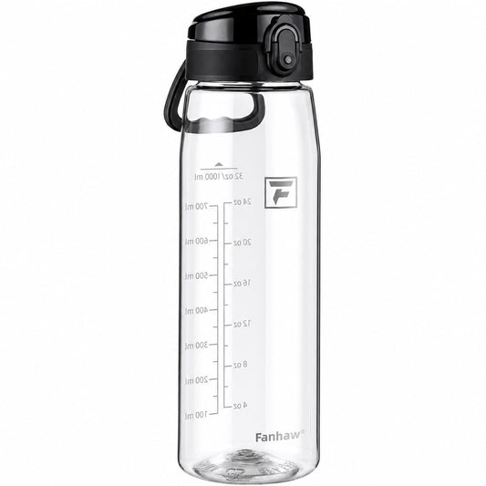 Fanhaw 32 oz Clear Plastic Water Bottle, BPA Free Leakproof Tritan Sports Water Bottle with Chug Lid, Wide Mouth Reusable Bottle for Gym, Travel, School & Office (Clear & Black)