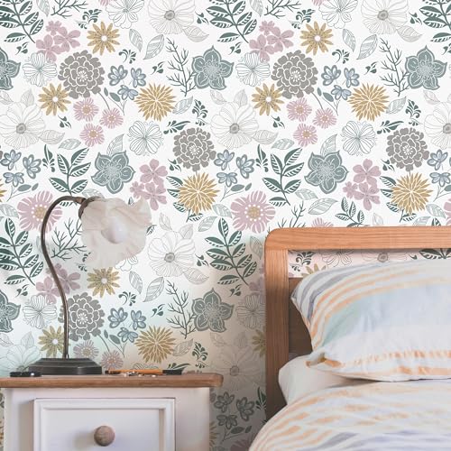Rugreat Modern Floral Peel and Stick Wallpaper Boho Flower Leaf Contact Paper for Cabinets and Drawers Self Adhesive Removable Wallpaper for Bedroom Bathroom Waterproof Multicolor 78.8inL 17.3inW