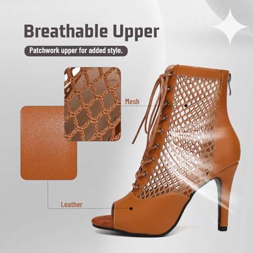 Uonpie Women's Peep Toe Mesh Dance Boots 4 Inch Heel Brown Size 8.5