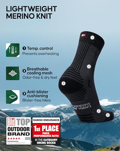 Danish Endurance Merino Wool Socks for Men & Women, Light Hiking Socks - Black, Large