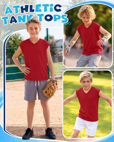 Boys V-Neck Tank Top - Lightweight Cap Sleeve Shirt - Red, 11-12 Years