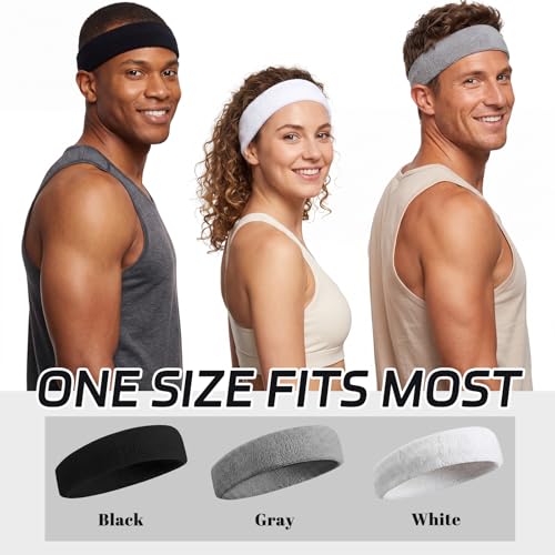 5-Pack Sweatbands - Terry Cotton Headbands for Running, Gym - 2 Black, 2 Gray, 1 White