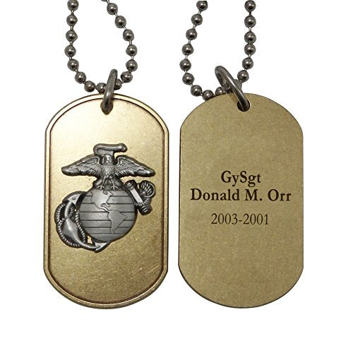 Personalized USMC Brass Dog Tag with Pewter EGA Emblem - 2.125" x 1.250"