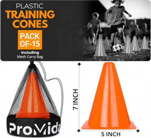 7 Inch Soccer Training Cones - 15 Pack Orange with Mesh Bag