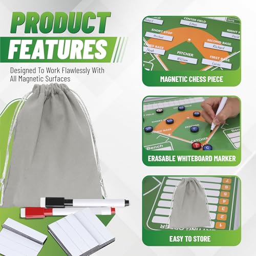 Baseball Lineup Board Magnets Set - 40 Pcs with Markers & Bag