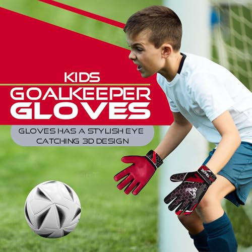 Soccer Goalkeeper Gloves for Kids - Red, Size 4 (6-9 Years)