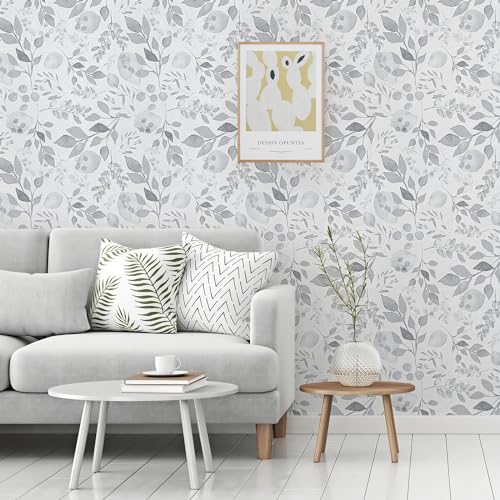 Gray Breezy Leaves Peel and Stick Wallpaper 17.7¡± x 118¡± Neutral Watercolor Floral Leaf Contact Paper Self-Adhesive Vinyl for Drawer Cabinets Furniture Accent Walls