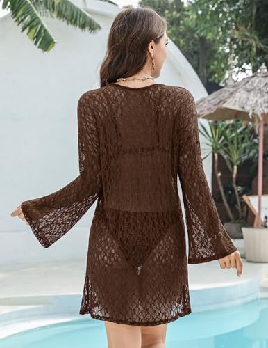 Sheer Lace Swimsuit Coverup for Women - Long Sleeve Beach Dress - Brown, Small