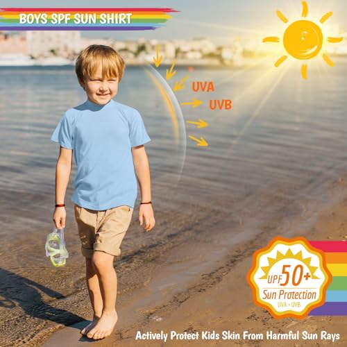 Smarash Boy's UPF 50 Short Sleeve Rash Guard Swim Shirt - Milk Blue, 3T