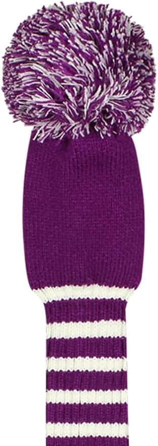 Knit Pom Pom Golf Club Cover - Purple Stripe Driver Protector