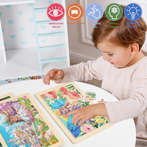 Wooden Puzzles for Kids - 4 Sets, 24 Pieces Each, Pink Princess Theme