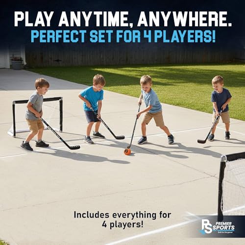 Kids Hockey Set - 4 Player Beginner Set with 4 Sticks & 2 Mini Goals