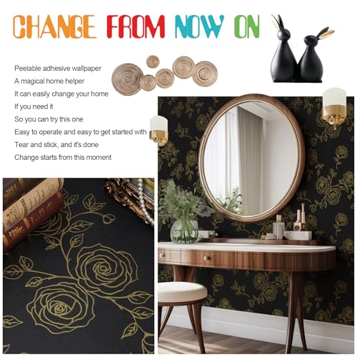 Amiya Black and Gold Floral Wallpaper Peel and Stick Wallpaper Line Boho Retro Renovation of Bedrooms,Cabinets,Etc Contact Paper 17.3" X 120" PVC Removable Wall Paper