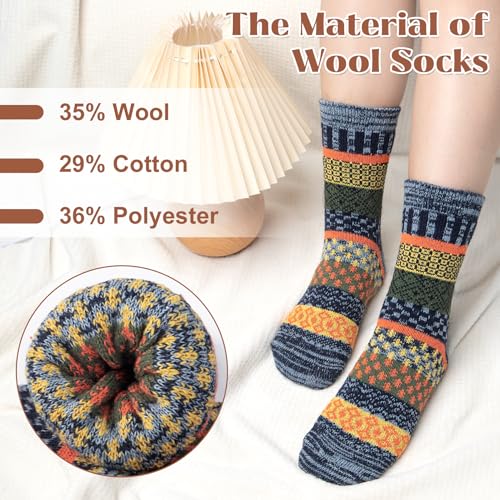 Wool Socks for Women - 5 Pairs in Green, Orange, Yellow, Brown, Grey, Blue