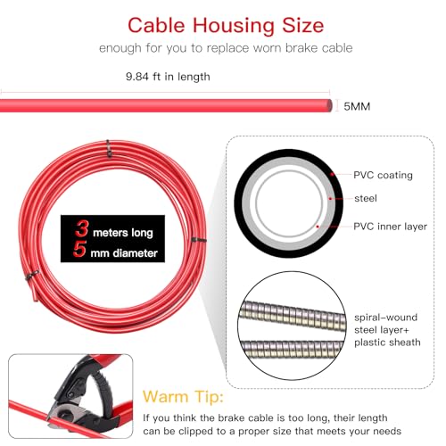 Professional Bicycle Brake Cable Housing - 3 Meters with 12 End Caps, Red