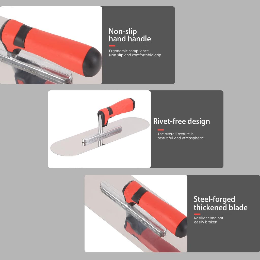 ESreake Concrete Tools Stainless Steel Pool Trowel, 10" x 3" Masonry Hand Tool with Soft Grip Handle, Lightweight, Plastering Trowel for Drywall Plastering Construction, Round End (Small:10"L x 3"W)