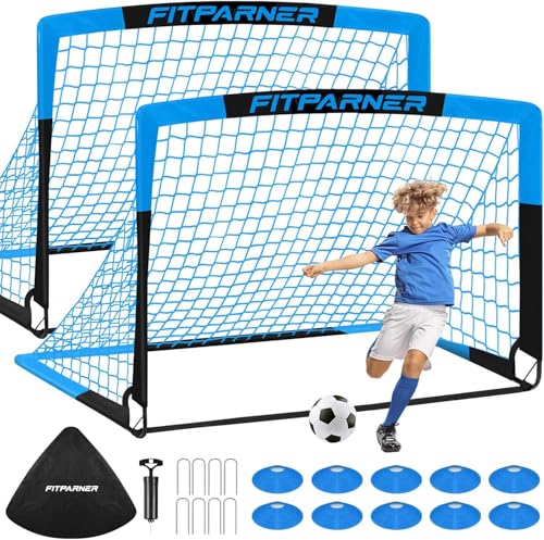 Kids Soccer Goals Set - 2 Portable Pop Up Nets with Ball & Cones - Blue Black, 4x3FT