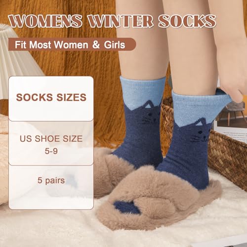 Justay 5 Pairs Wool Socks for Women, Winter Warm Cute Cat Crew