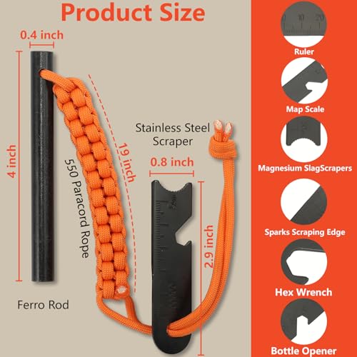 Ferro Rod Fire Starter and Striker Kit - 4 Inch - Orange