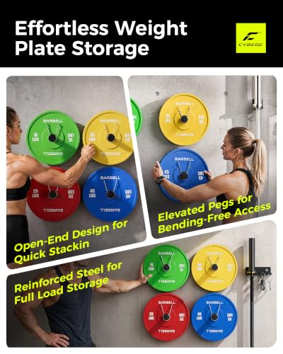 CYBEOE Wall Mounted Weight Plate & Barbell Rack - 3 Hooks + 2 Pegs, DIY Home Gym Storage