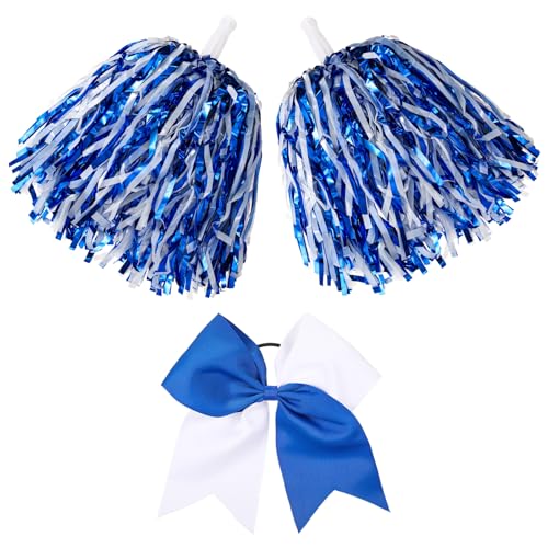 Cheerleading Pom Poms Set with Large Hair Bow - Metallic Blue