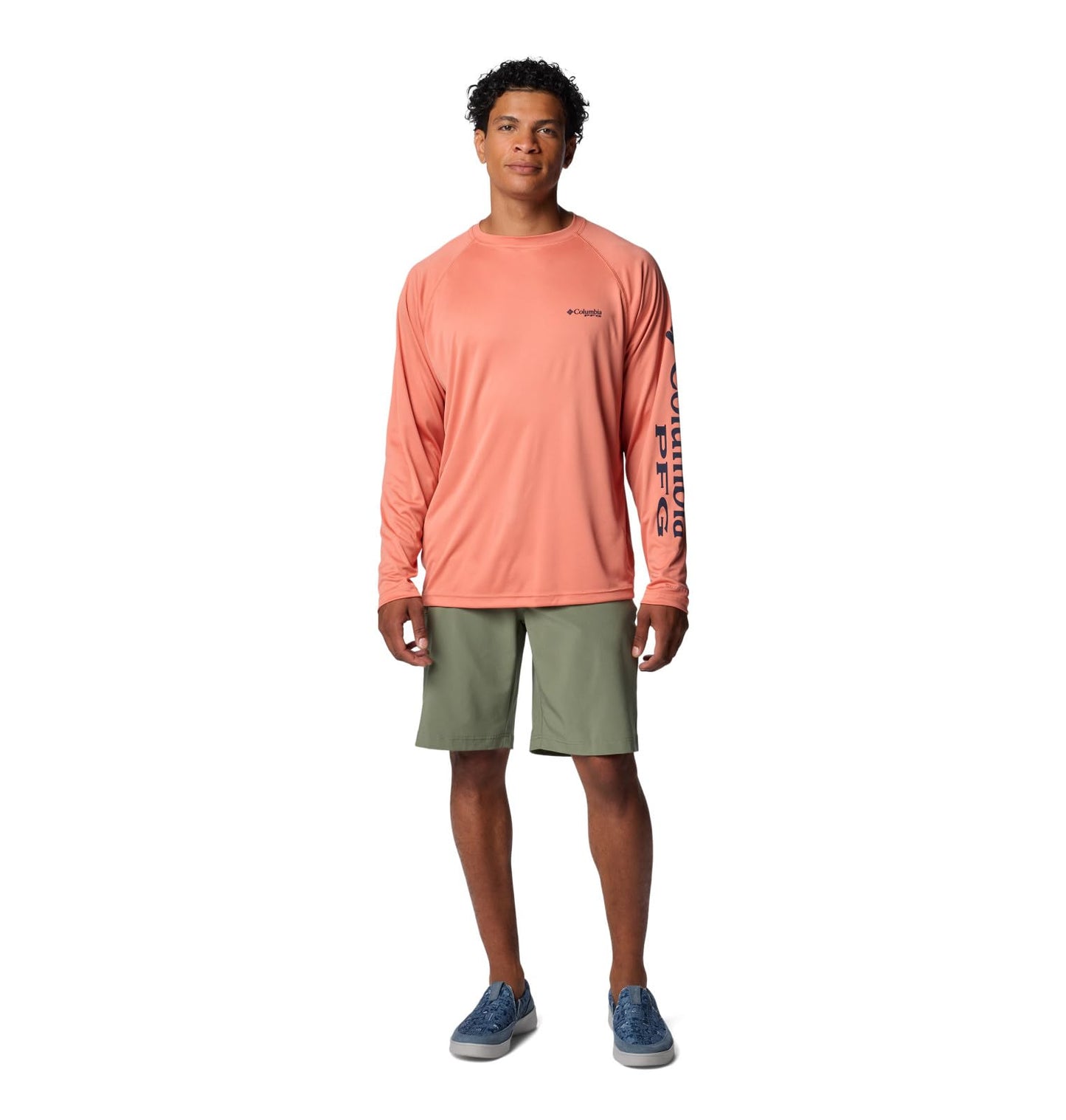 Columbia Men's Terminal Tackle Long Sleeve Shirt, Faded Peach/Collegiate Navy Logo, 6X Big