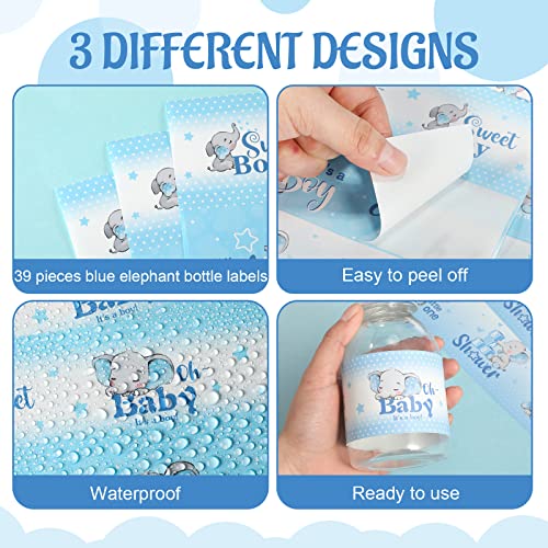 Elephant Baby Shower Water Bottle Labels - 39 Pcs Waterproof Wrappers - Blue