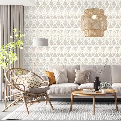 Modern Beige and White Wallpaper 17.3"¡¿80" Geometric Stripe Peel and Stick Wallpaper Contact Paper Removable Self Adhesive Vinyl Wall Paper for Living Room Bedroom