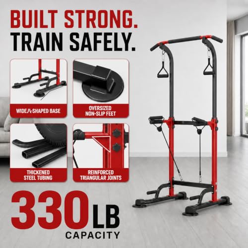 Adjustable Power Tower Pull Up Dip Station - Red, 330lbs Capacity