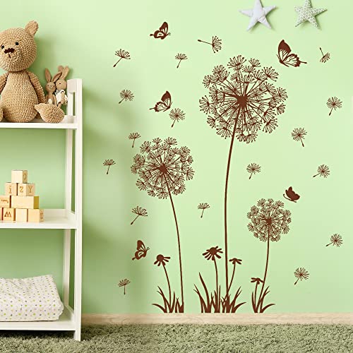 Removable 3D Dandelion Wall Decals Flowers and Flying Butterfly Wall Stickers Murals Self-adhesive Peel and Stick Falling Dandelions Decor for Girls Bedroom Living Room Nursery Baby Children's