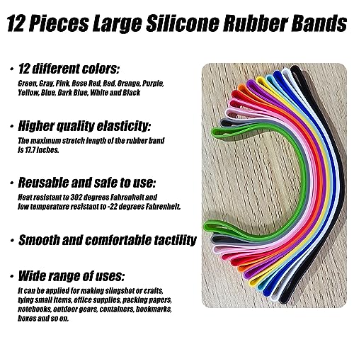 DoThisAllDay Silicone Rubber Bands - Large Thick Wide Stretchy Jumbo Assorted Colors, 12 Pack