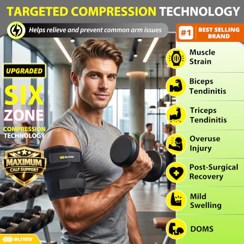 BLITZU Black Large/X-Large Bicep & Tricep Tendonitis Brace - Upper Arm Compression Wrap for Men Women