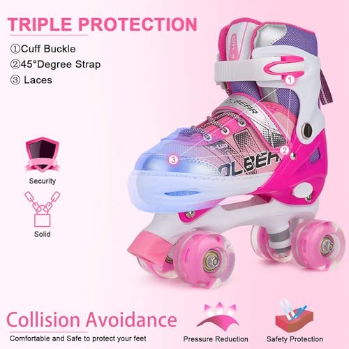 Adjustable Roller Skates for Girls - Illuminating Wheels, A-Pink, Medium (13-3 US)