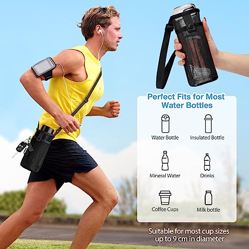 Mesh Water Bottle Holder with Pocket and Strap - Small, Black