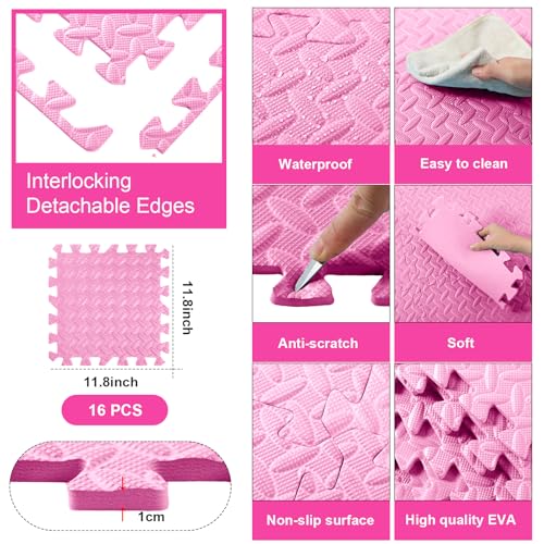 Shihanee 16 Foam Floor Interlocking Tiles 11.8 x 11.8 Inch Light Pink – 48x48in Puzzle Mats