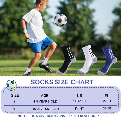 Barrlves 6 Pairs Kids Grip Soccer Socks Cushioned Non Slip Football Athletic Socks (Medium) – 2 Black, 2 White, 2 Blue